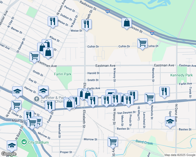 map of restaurants, bars, coffee shops, grocery stores, and more near 1635 Smith Street in Green Bay
