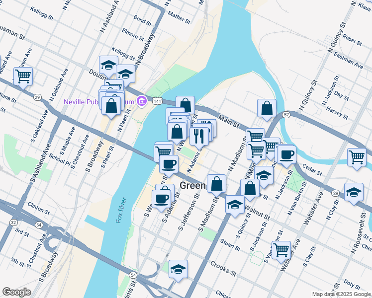 map of restaurants, bars, coffee shops, grocery stores, and more near 212 North Washington Street in Green Bay