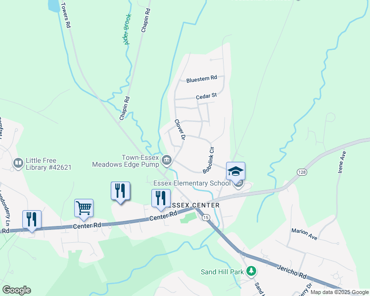 map of restaurants, bars, coffee shops, grocery stores, and more near 17 Clover Drive in Essex