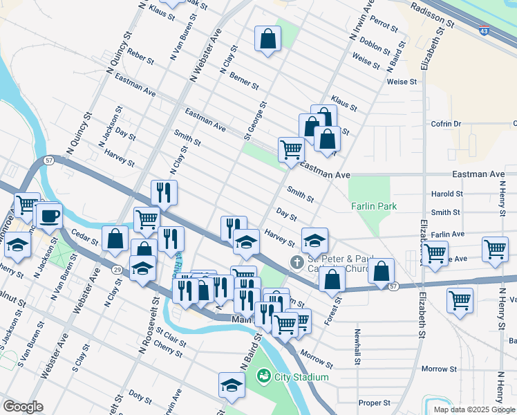 map of restaurants, bars, coffee shops, grocery stores, and more near 1270 Day Street in Green Bay