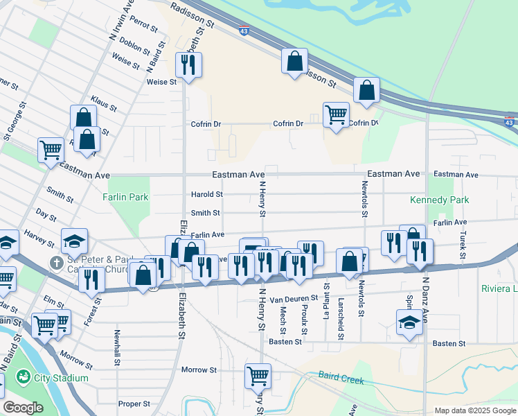 map of restaurants, bars, coffee shops, grocery stores, and more near 1745 Smith Street in Green Bay