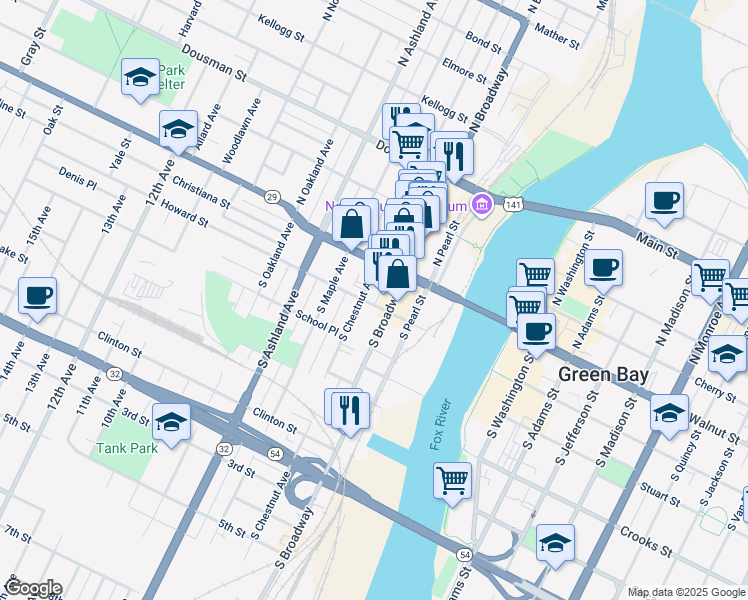 map of restaurants, bars, coffee shops, grocery stores, and more near 412 Howard Boulevard in Green Bay