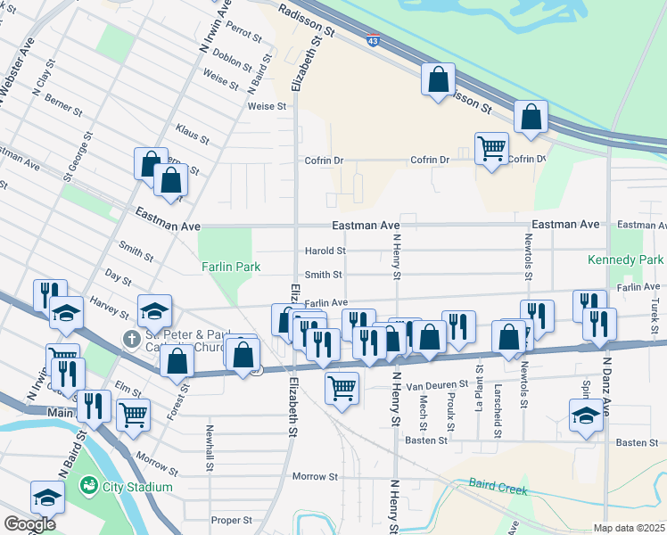 map of restaurants, bars, coffee shops, grocery stores, and more near 1635 Smith St in Green Bay