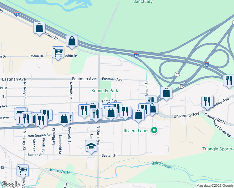 map of restaurants, bars, coffee shops, grocery stores, and more near 2321 Farlin Avenue in Green Bay