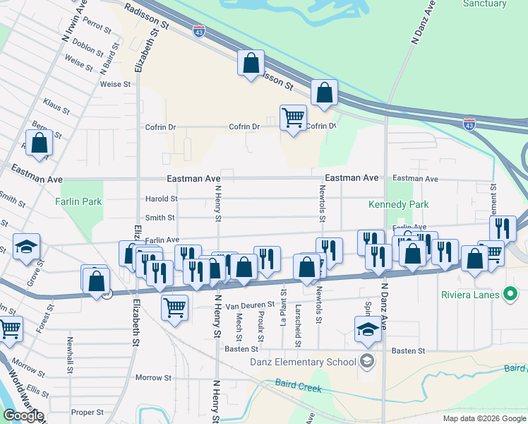 map of restaurants, bars, coffee shops, grocery stores, and more near 1875 Smith Street in Green Bay