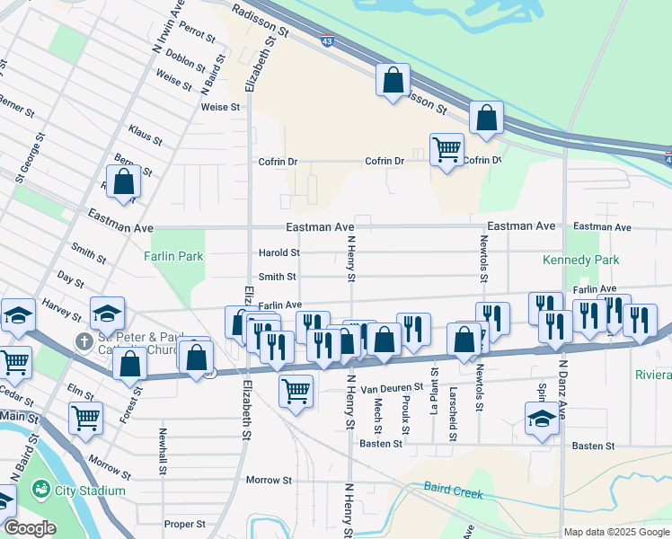 map of restaurants, bars, coffee shops, grocery stores, and more near 1745 Smith Street in Green Bay