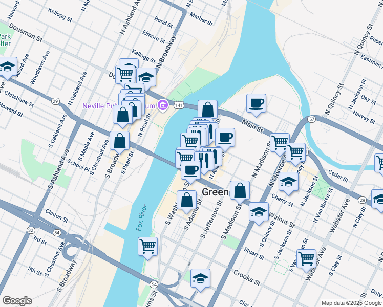 map of restaurants, bars, coffee shops, grocery stores, and more near 201 Cherry Street in Green Bay