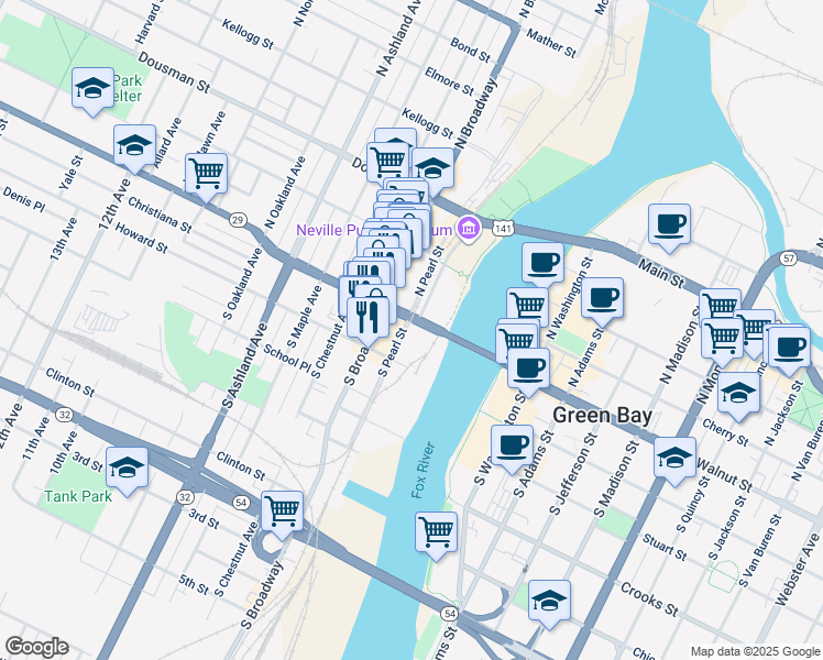 map of restaurants, bars, coffee shops, grocery stores, and more near 100 Museum Place in Green Bay