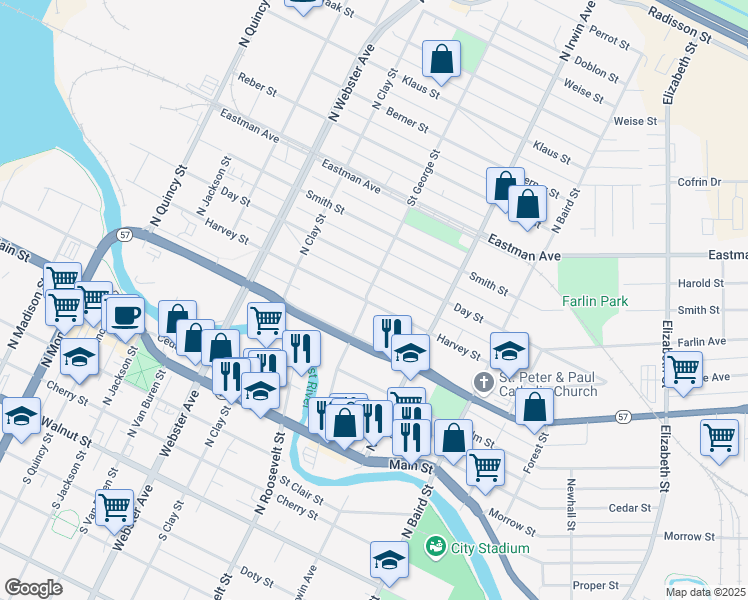 map of restaurants, bars, coffee shops, grocery stores, and more near 735 Saint George Street in Green Bay