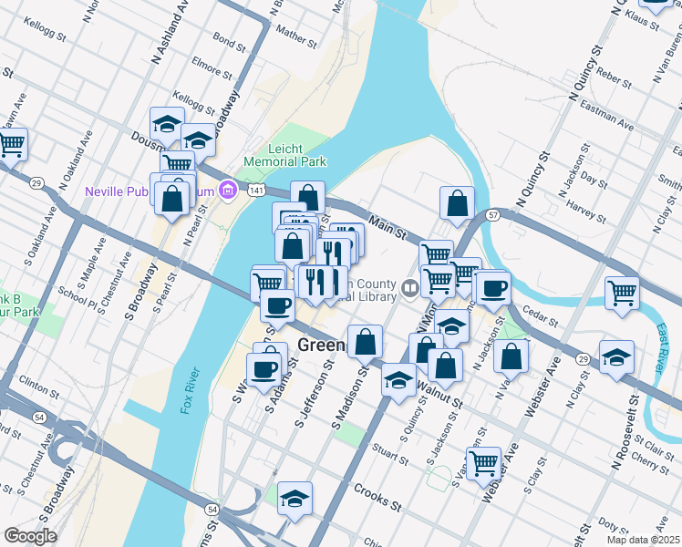 map of restaurants, bars, coffee shops, grocery stores, and more near 310 Pine Street in Green Bay