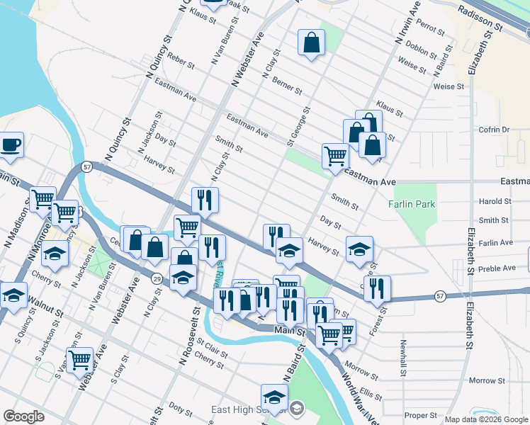 map of restaurants, bars, coffee shops, grocery stores, and more near 1231 Harvey Street in Green Bay