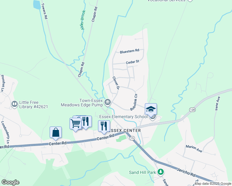 map of restaurants, bars, coffee shops, grocery stores, and more near 17 Clover Drive in Essex
