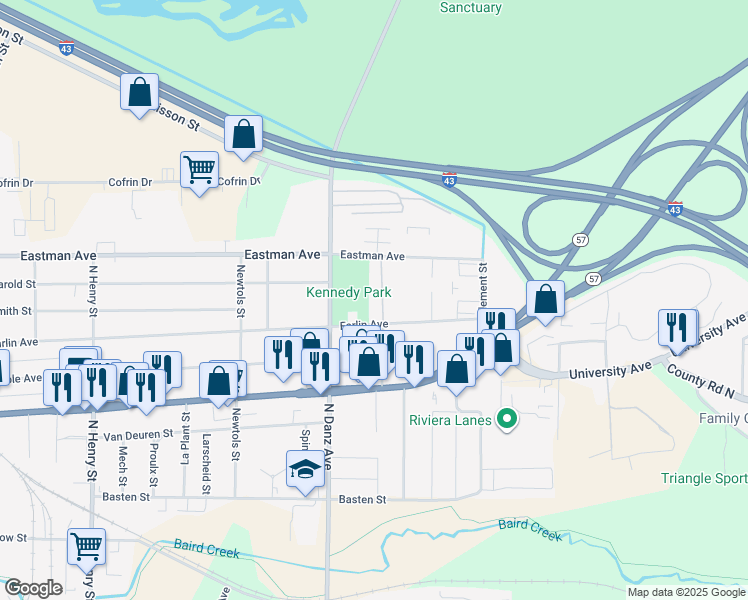 map of restaurants, bars, coffee shops, grocery stores, and more near 2251 Farlin Avenue in Green Bay