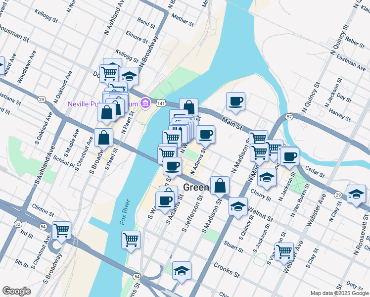 map of restaurants, bars, coffee shops, grocery stores, and more near 201 Cherry Street in Green Bay