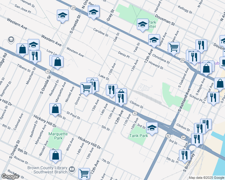 map of restaurants, bars, coffee shops, grocery stores, and more near 604 14th Avenue in Green Bay