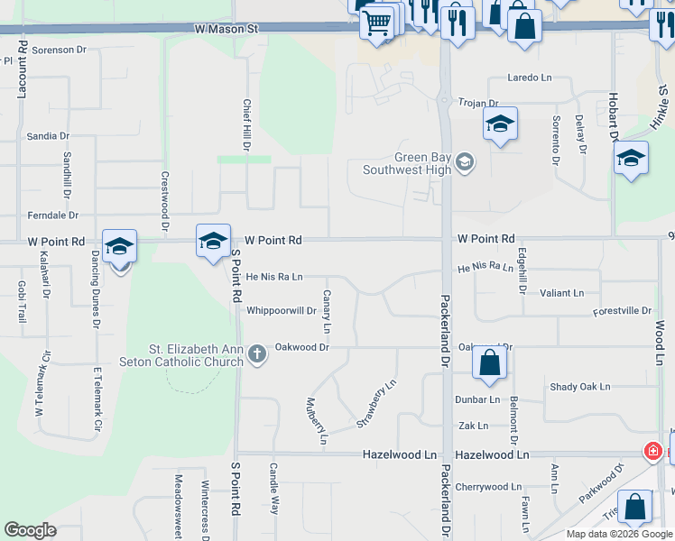 map of restaurants, bars, coffee shops, grocery stores, and more near 2691 He Nis Ra Lane in Green Bay