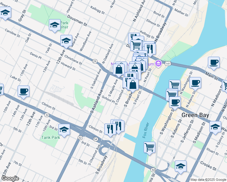 map of restaurants, bars, coffee shops, grocery stores, and more near 207 South Maple Avenue in Green Bay