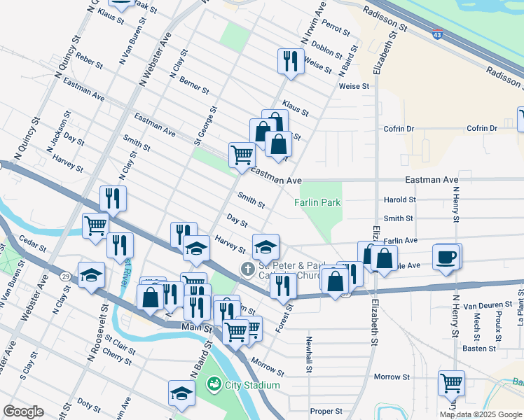 map of restaurants, bars, coffee shops, grocery stores, and more near 1358 Smith Street in Green Bay