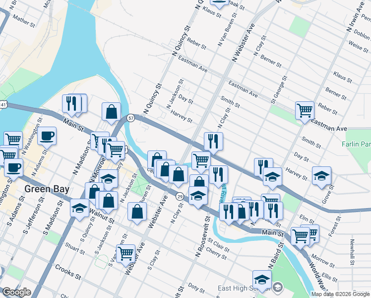 map of restaurants, bars, coffee shops, grocery stores, and more near 837 North Webster Avenue in Green Bay