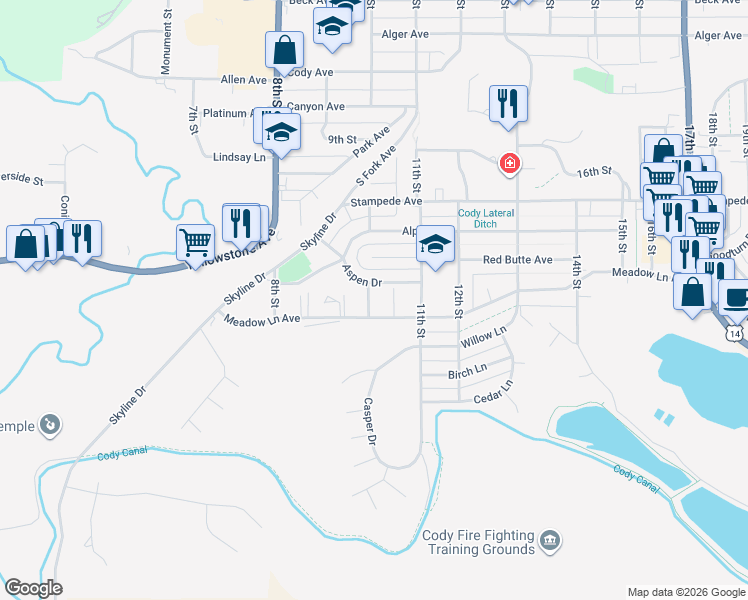 map of restaurants, bars, coffee shops, grocery stores, and more near 2114 10th Street in Cody