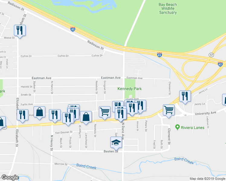 map of restaurants, bars, coffee shops, grocery stores, and more near 2124 Harold Street in Green Bay