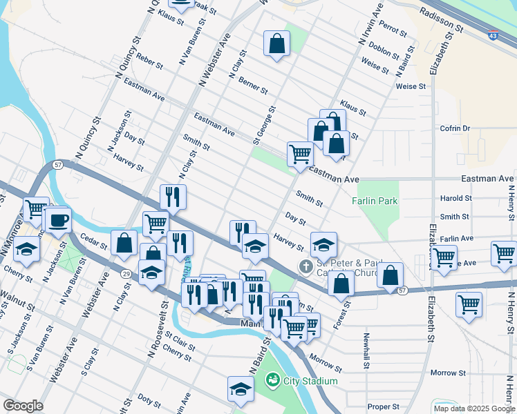 map of restaurants, bars, coffee shops, grocery stores, and more near 1270 Day Street in Green Bay