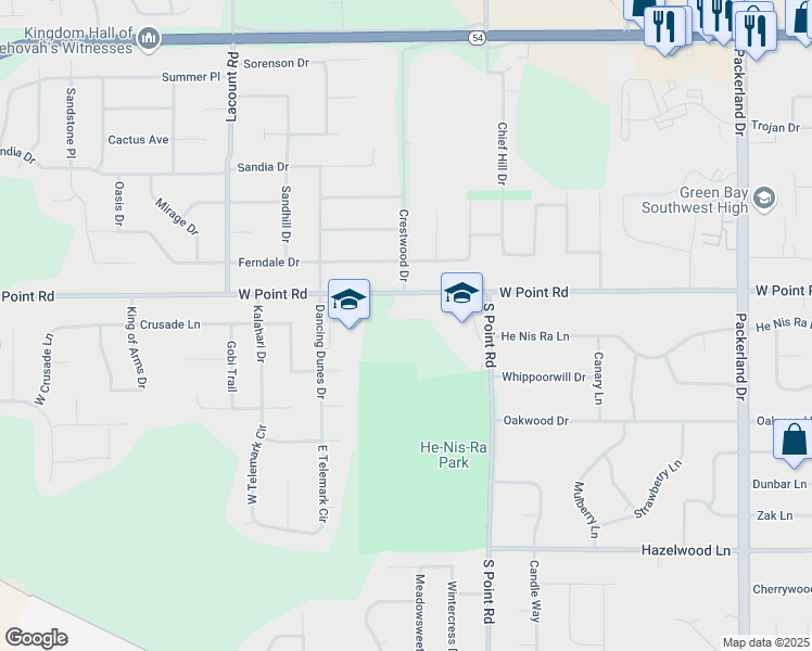 map of restaurants, bars, coffee shops, grocery stores, and more near 1520 S Point Rd in Green Bay