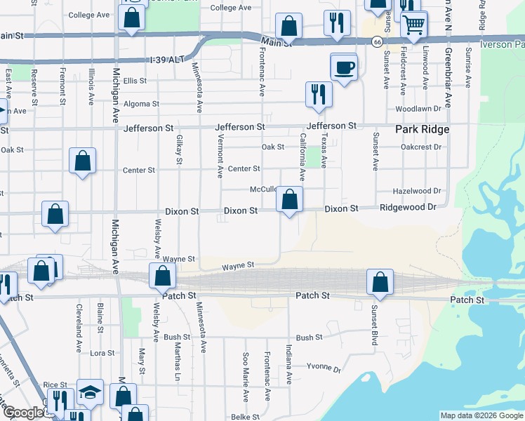 map of restaurants, bars, coffee shops, grocery stores, and more near 3001 Dixon Street in Stevens Point