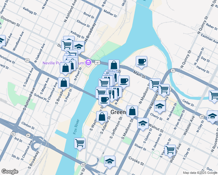 map of restaurants, bars, coffee shops, grocery stores, and more near 201 Cherry Street in Green Bay