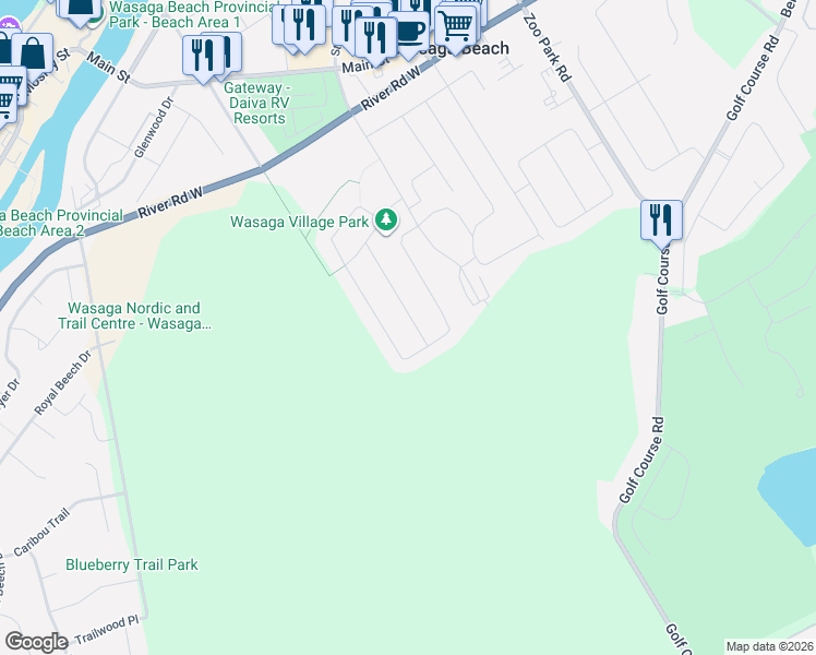 map of restaurants, bars, coffee shops, grocery stores, and more near 40 Grand Poplar Lane in Wasaga Beach