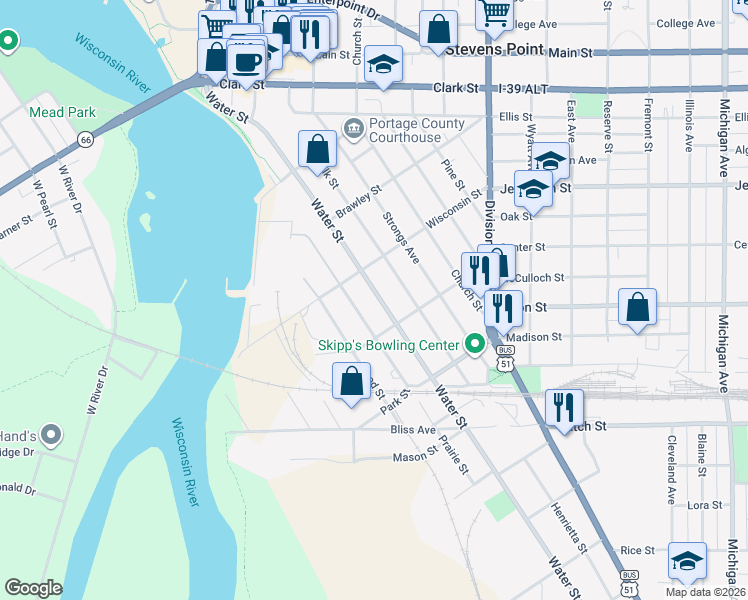 map of restaurants, bars, coffee shops, grocery stores, and more near 1941 Prairie Street in Stevens Point