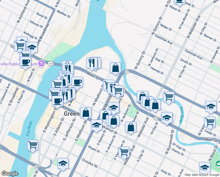 map of restaurants, bars, coffee shops, grocery stores, and more near 406 North Monroe Avenue in Green Bay