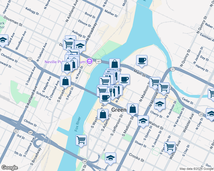 map of restaurants, bars, coffee shops, grocery stores, and more near 201 Cherry Street in Green Bay