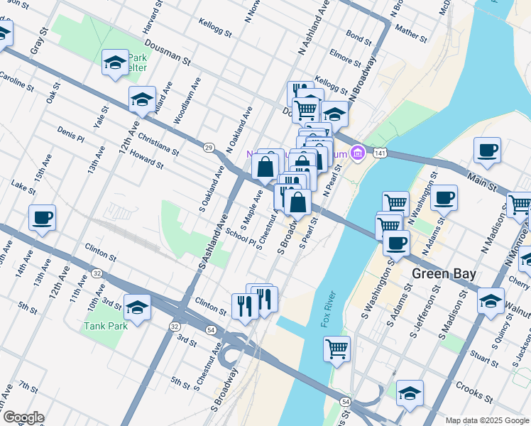 map of restaurants, bars, coffee shops, grocery stores, and more near 208 South Chestnut Avenue in Green Bay