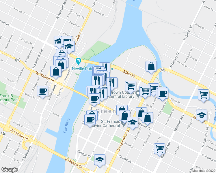 map of restaurants, bars, coffee shops, grocery stores, and more near 211-215 North Adams Street in Green Bay