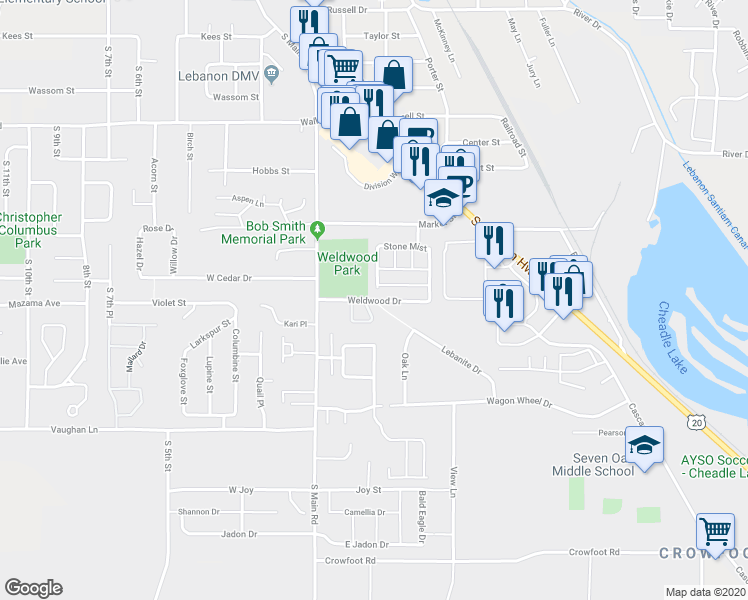 map of restaurants, bars, coffee shops, grocery stores, and more near 144 Weldwood Dr in Lebanon
