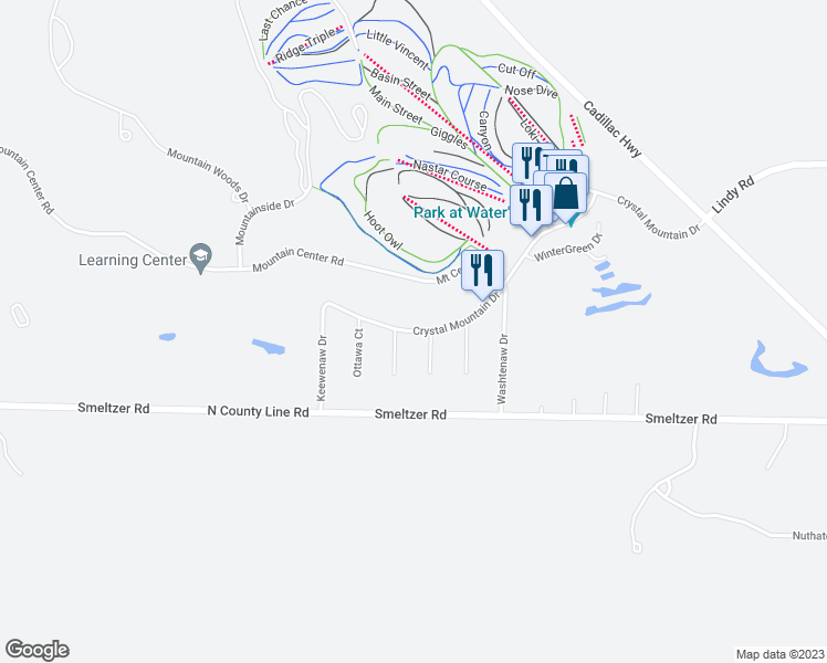 map of restaurants, bars, coffee shops, grocery stores, and more near 7880 Chippewa Court in Thompsonville