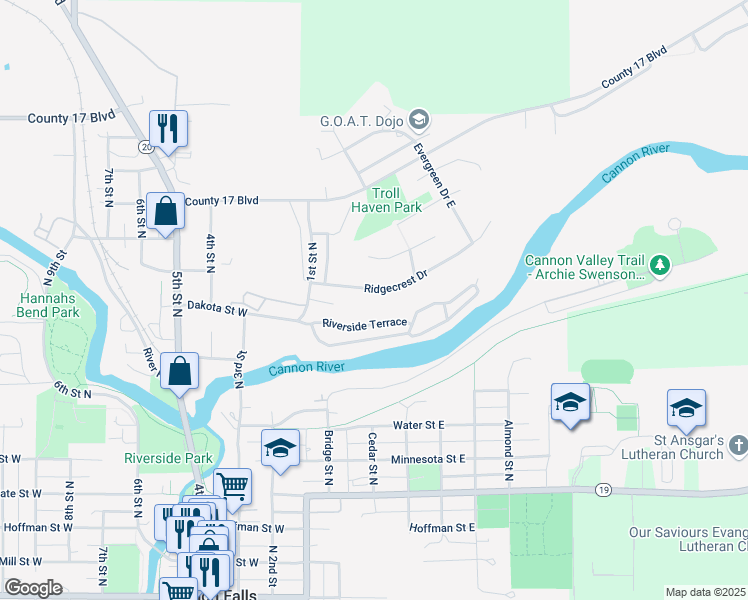 map of restaurants, bars, coffee shops, grocery stores, and more near 60 Riverside Terrace in Cannon Falls