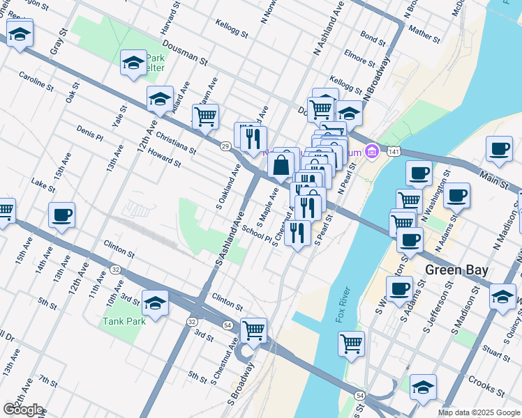 map of restaurants, bars, coffee shops, grocery stores, and more near 200 South Maple Avenue in Green Bay