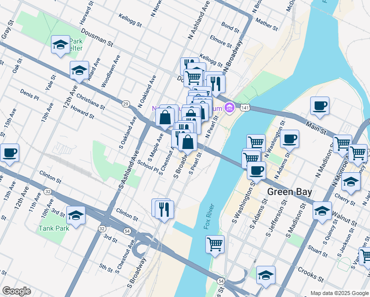 map of restaurants, bars, coffee shops, grocery stores, and more near 412 Howard Boulevard in Green Bay