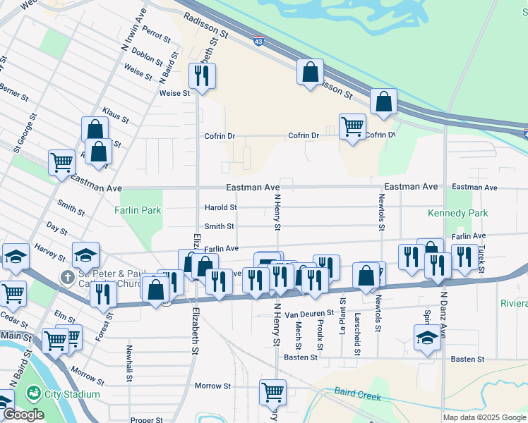 map of restaurants, bars, coffee shops, grocery stores, and more near 1745 Smith Street in Green Bay