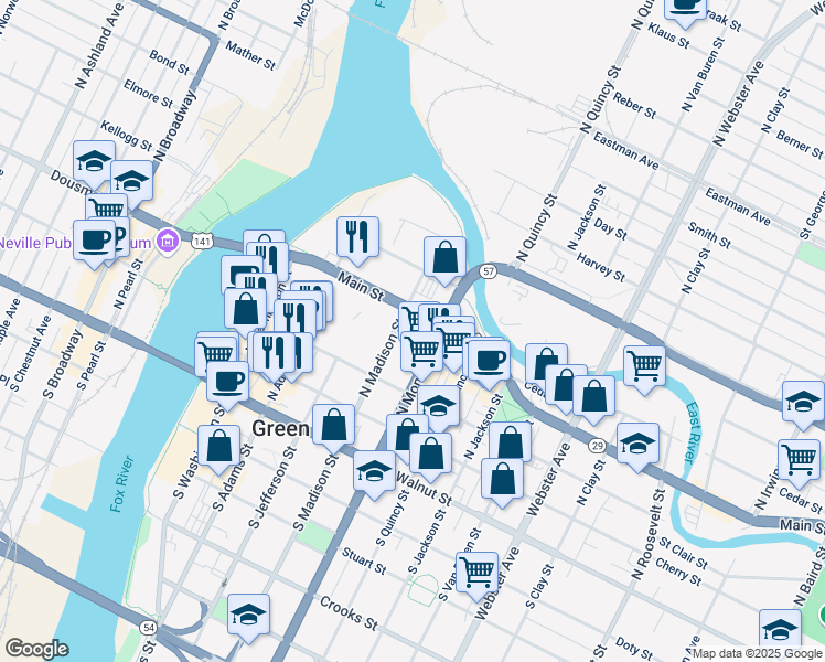 map of restaurants, bars, coffee shops, grocery stores, and more near 300 North Madison Street in Green Bay