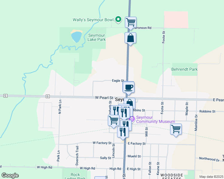 map of restaurants, bars, coffee shops, grocery stores, and more near 221 West Pearl Street in Seymour
