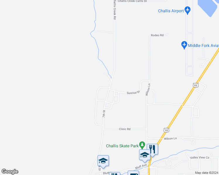 map of restaurants, bars, coffee shops, grocery stores, and more near 93 Challis Creek Road in Challis