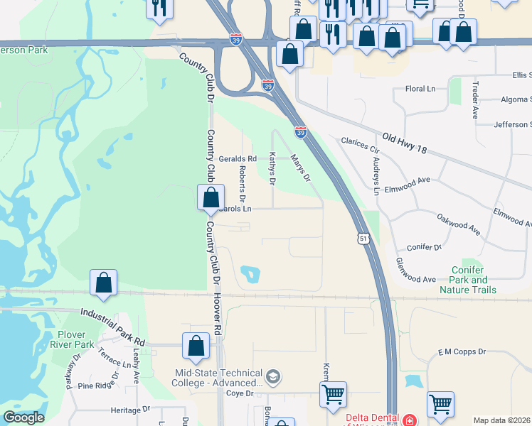 map of restaurants, bars, coffee shops, grocery stores, and more near 5103 Carols Lane in Stevens Point