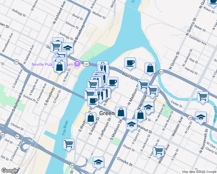 map of restaurants, bars, coffee shops, grocery stores, and more near 211-215 North Adams Street in Green Bay