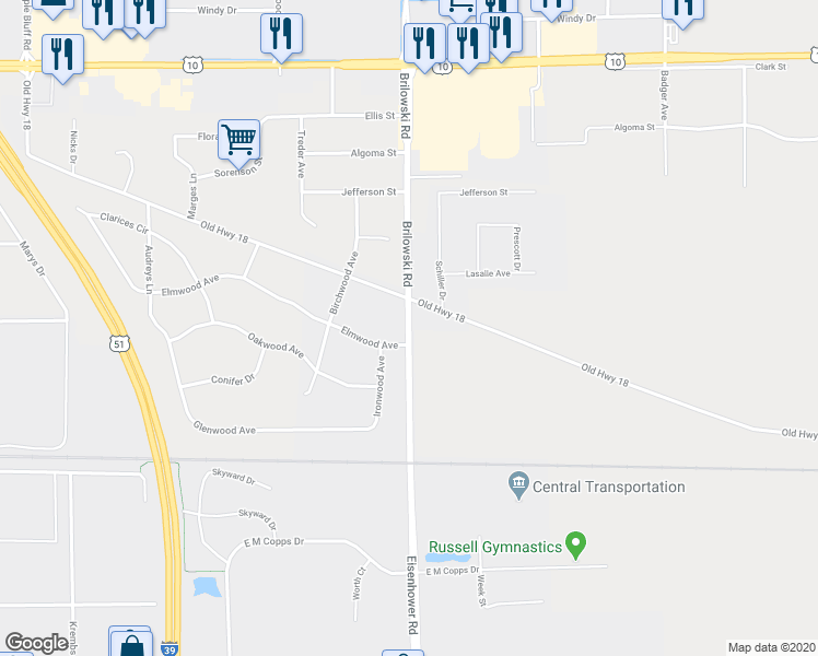 map of restaurants, bars, coffee shops, grocery stores, and more near 2081 Brilowski Road in Stevens Point