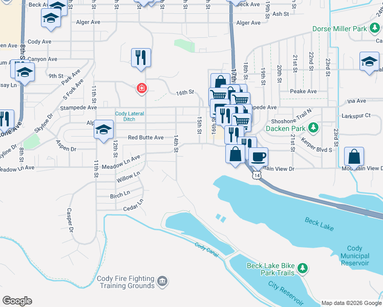 map of restaurants, bars, coffee shops, grocery stores, and more near 1432 Meadow Ln Ave in Cody