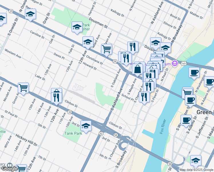 map of restaurants, bars, coffee shops, grocery stores, and more near 320 South Oakland Avenue in Green Bay