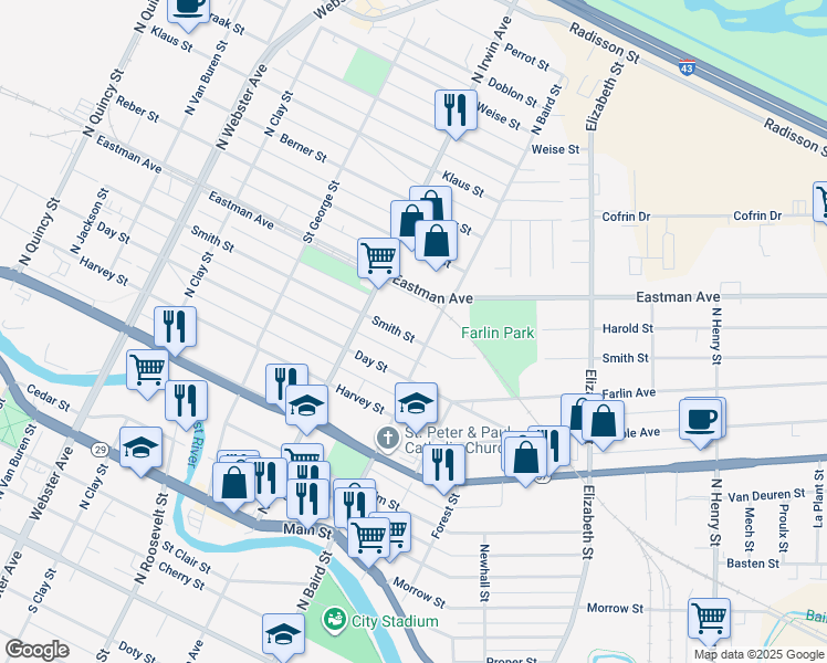 map of restaurants, bars, coffee shops, grocery stores, and more near 1355 Smith Street in Green Bay